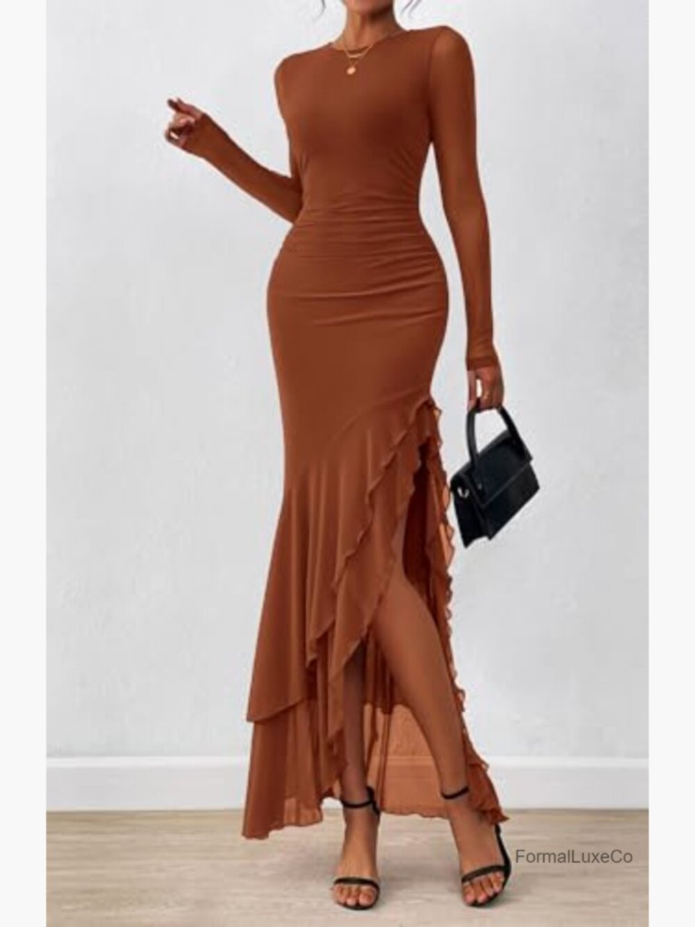 Elegant Long Sleeve Ruched Mermaid Maxi Dress Cocktail Wedding Guest - Picture 2 of 7